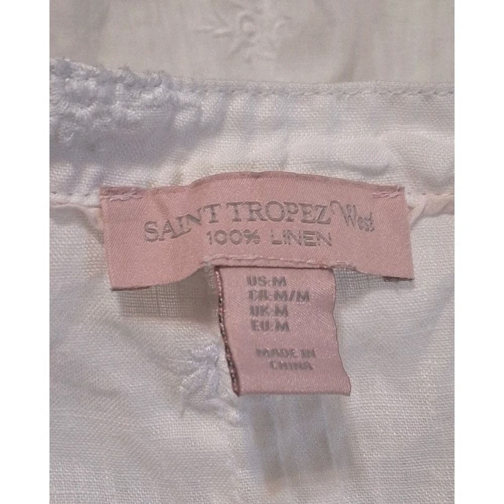 Saint Tropez West M White Linen Tunic Top Floral Embroidery Pintuck Tab Sleeve - Picture 6 of 8